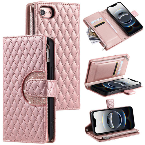 iPhone 16e / 17e Glitter Lattice Zipper Wallet Leather Phone Case - Rose Gold