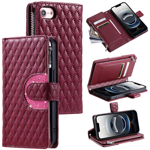 iPhone 16e / 17e Glitter Lattice Zipper Wallet Leather Phone Case - Wine Red