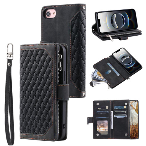 iPhone 16e / 17e Grid Texture Zipper Leather Phone Case with Lanyard - Black