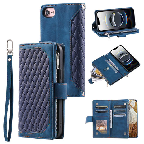 iPhone 16e / 17e Grid Texture Zipper Leather Phone Case with Lanyard - Blue