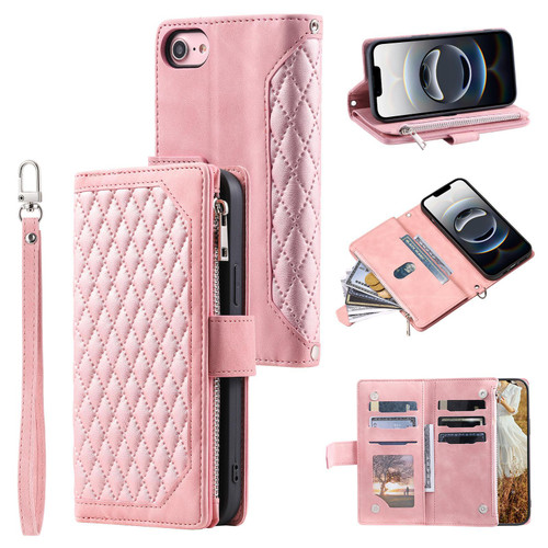 iPhone 16e / 17e Grid Texture Zipper Leather Phone Case with Lanyard - Rose Gold