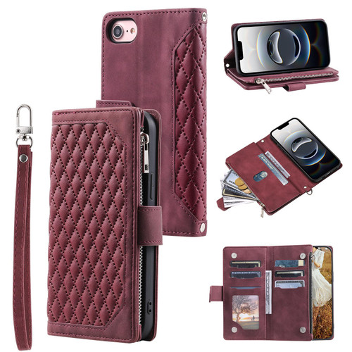 iPhone 16e / 17e Grid Texture Zipper Leather Phone Case with Lanyard - Wine Red