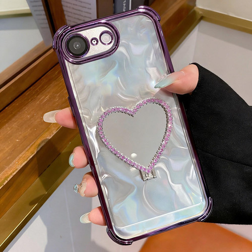 iPhone 16e / 17e Heart-shaped Mirror Electroplated TPU + Acrylic Phone Case with Holder - Purple