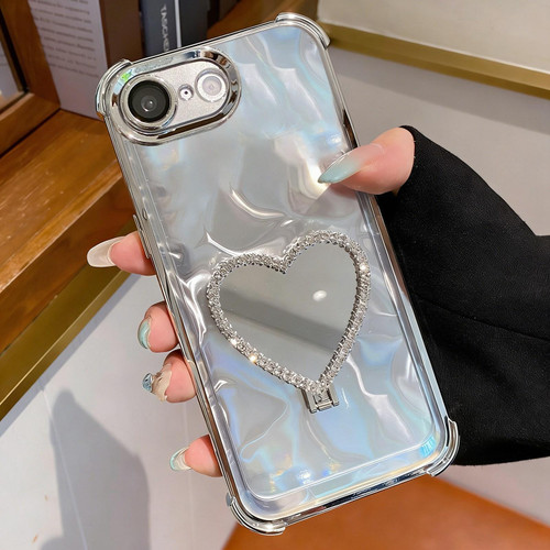 iPhone 16e / 17e Heart-shaped Mirror Electroplated TPU + Acrylic Phone Case with Holder - Silver