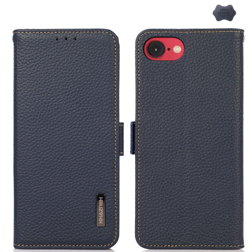 iPhone 16e / 17e KHAZNEH Side-Magnetic Litchi Genuine Leather RFID Case - Blue