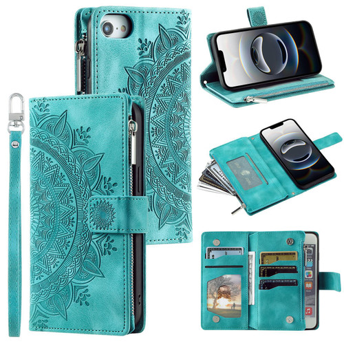 iPhone 16e / 17e Multi-Card Totem Zipper Leather Phone Case - Green