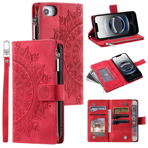 iPhone 16e / 17e Multi-Card Totem Zipper Leather Phone Case - Red