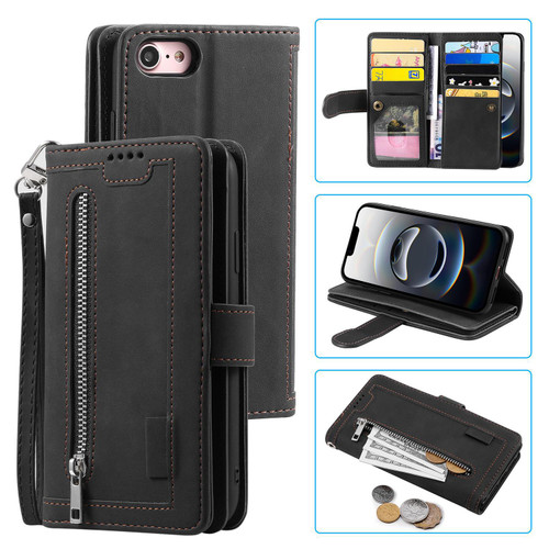 iPhone 16e / 17e Nine Card Zipper Bag Leather Phone Case with Lanyard - Black