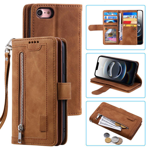 iPhone 16e / 17e Nine Card Zipper Bag Leather Phone Case with Lanyard - Brown