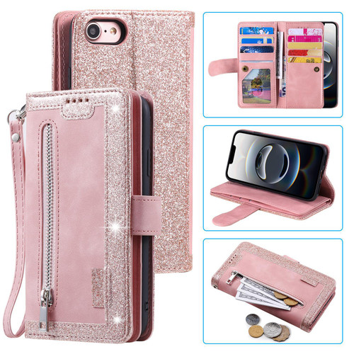 iPhone 16e / 17e Nine Card Zipper Bag Leather Phone Case with Lanyard - Pink