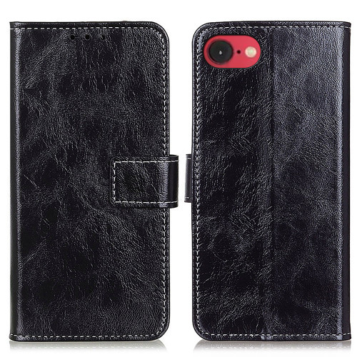 iPhone 16e / 17e Retro Crazy Horse Texture Horizontal Flip Leather Phone Case - Black
