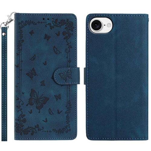 iPhone 16e / 17e Secret Garden Butterfly Pattern Leather Phone Case - Dark Blue
