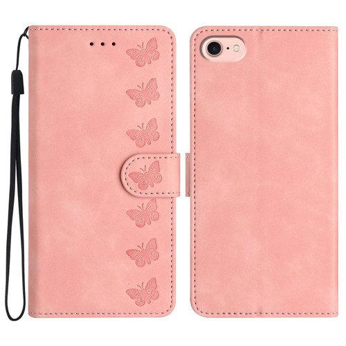 iPhone 16e / 17e Seven Butterflies Embossed Leather Phone Case - Pink