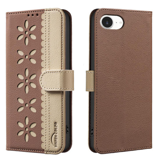 iPhone 16e / 17e Splicing Color Hollow Flower Pattern RFID Leather Phone Case - Brown