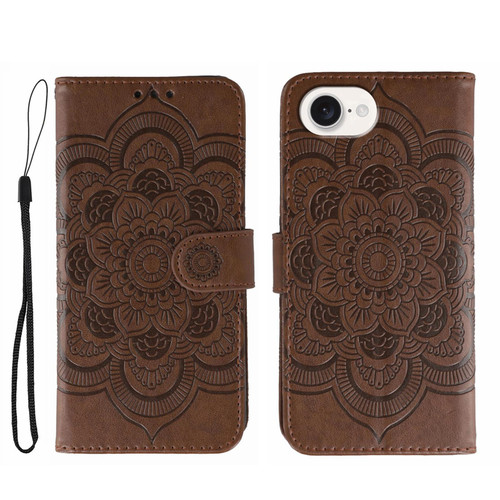 iPhone 16e / 17e Sun Mandala Embossing Leather Phone Case - Brown
