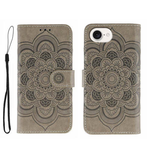 iPhone 16e / 17e Sun Mandala Embossing Leather Phone Case - Grey