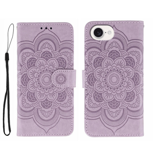 iPhone 16e / 17e Sun Mandala Embossing Leather Phone Case - Purple