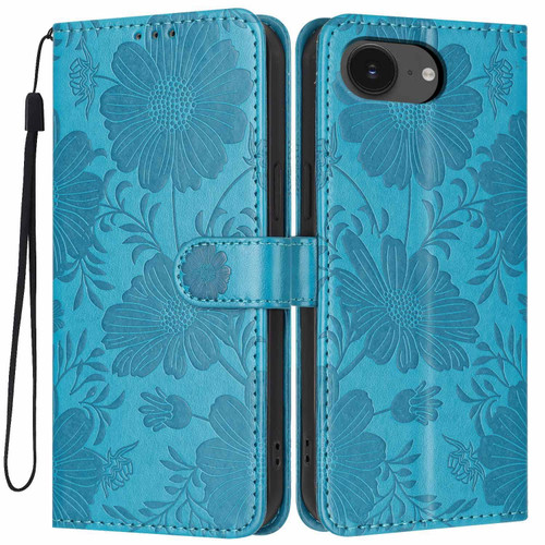 iPhone 16e / 17e Sunflower Embossed Vegan Leather Phone Case with Small Black Rope - Blue