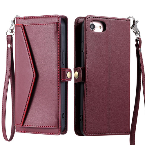 iPhone 16e / 17e Wallet Multi-card Slot Leather Phone Case with Lanyard - Wine Red