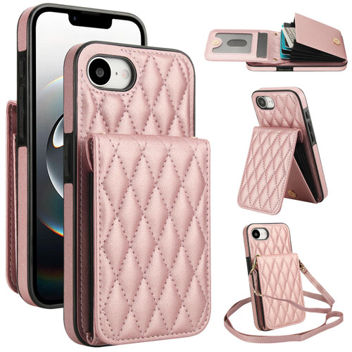 iPhone 16e / 17e YM015 Crossbody Rhombic Card Bag RFID Phone Case - Rose Gold