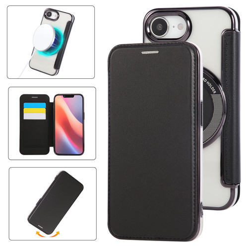 iPhone 16e Ultra-thin Magnetic Plating Vegan Leather Phone Case - Black