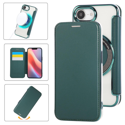 iPhone 16e Ultra-thin Magnetic Plating Vegan Leather Phone Case - Blackish Green