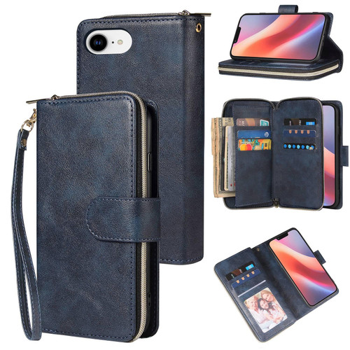 iPhone 17e / 16e 9 Card Slots Zipper Wallet Bag Leather Phone Case - Blue