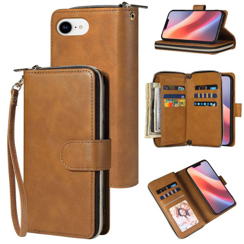 iPhone 17e / 16e 9 Card Slots Zipper Wallet Bag Leather Phone Case - Brown