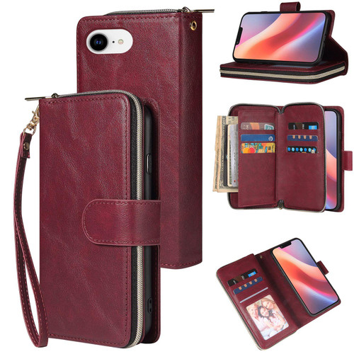 iPhone 17e / 16e 9 Card Slots Zipper Wallet Bag Leather Phone Case - Wine Red