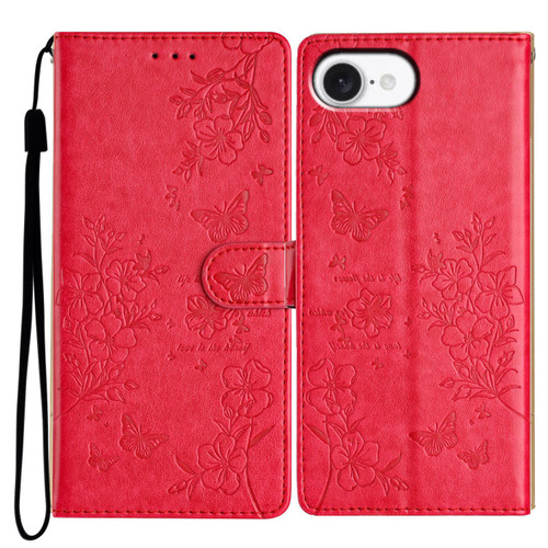 iPhone 17e / 16e Butterflies and Flowers Leather Phone Case - Red