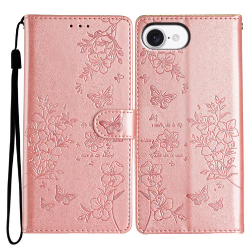 iPhone 17e / 16e Butterflies and Flowers Leather Phone Case - Rose Gold