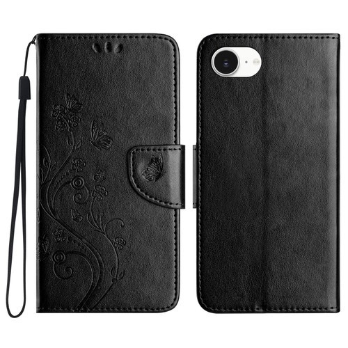 iPhone 17e / 16e Butterfly Flower Pattern Flip Leather Phone Case - Black