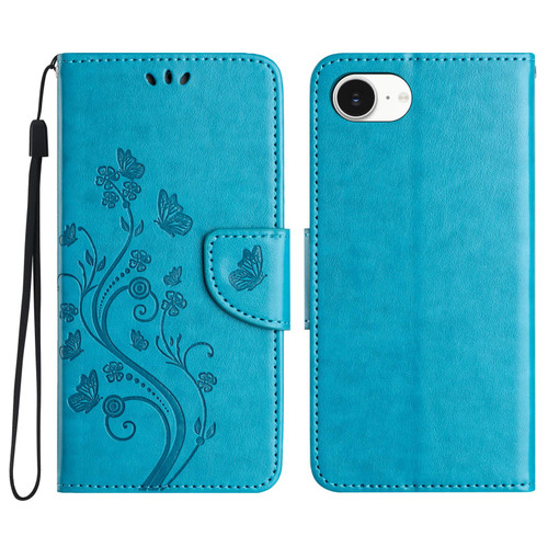 iPhone 17e / 16e Butterfly Flower Pattern Flip Leather Phone Case - Blue