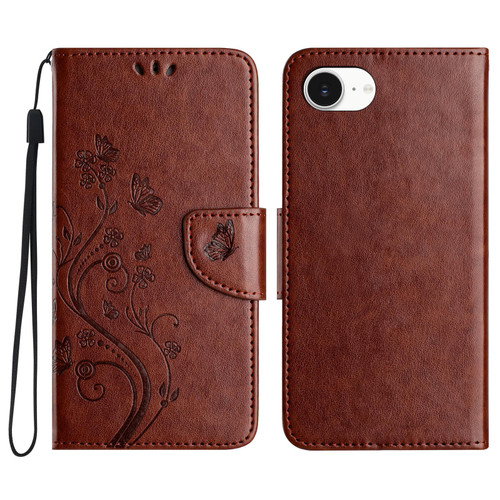 iPhone 17e / 16e Butterfly Flower Pattern Flip Leather Phone Case - Brown