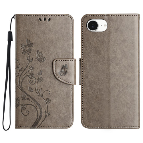 iPhone 17e / 16e Butterfly Flower Pattern Flip Leather Phone Case - Grey