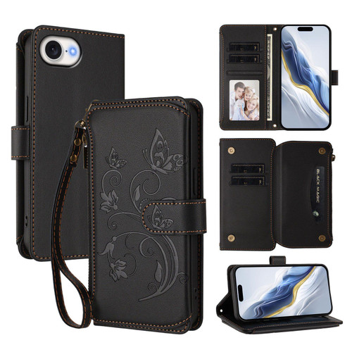 iPhone 17e / 16e Butterfly Love Flower Multi-card Zipper Wallet Leather Phone Case - Black