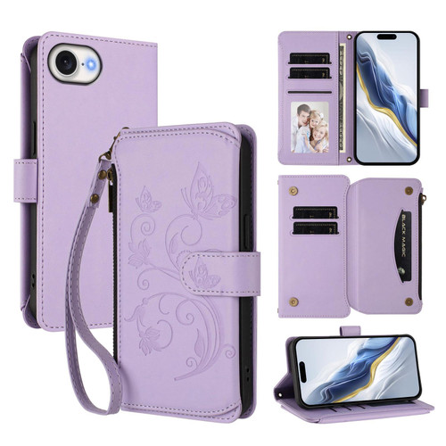 iPhone 17e / 16e Butterfly Love Flower Multi-card Zipper Wallet Leather Phone Case - Light Purple