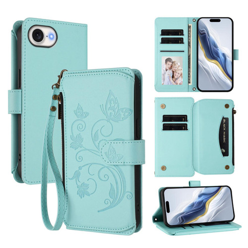 iPhone 17e / 16e Butterfly Love Flower Multi-card Zipper Wallet Leather Phone Case - Mint Green