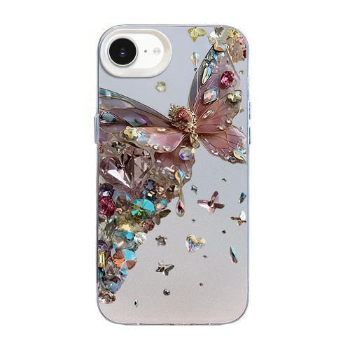 iPhone 17e / 16e Butterfly Pattern Silver Plating PC Hybrid TPU Phone Case - Diamond Pink