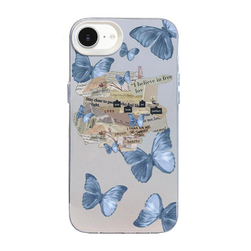 iPhone 17e / 16e Butterfly Pattern Silver Plating PC Hybrid TPU Phone Case - Retro Blue