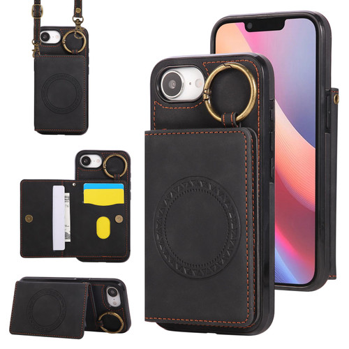 iPhone 17e / 16e Car Magnetic Ring Buckle Card Bag Phone Case with Lanyard - Black
