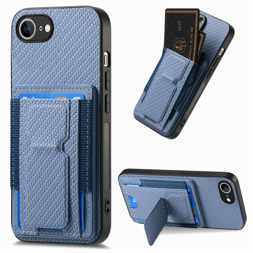iPhone 17e / 16e Carbon Fiber Fold Stand Elastic Card Bag Phone Case - Blue