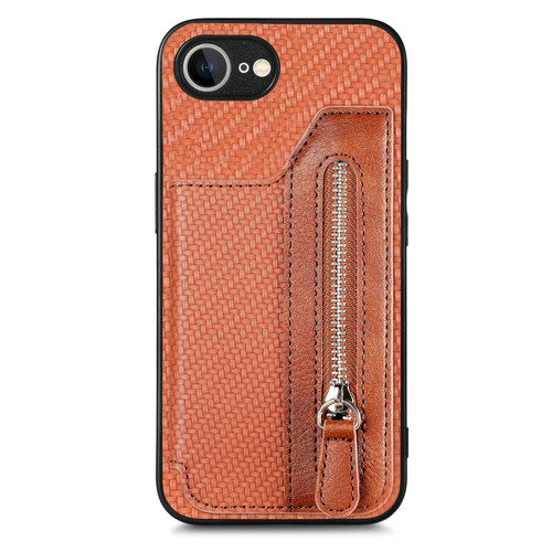iPhone 17e / 16e Carbon Fiber Horizontal Flip Zipper Wallet Phone Case - Brown