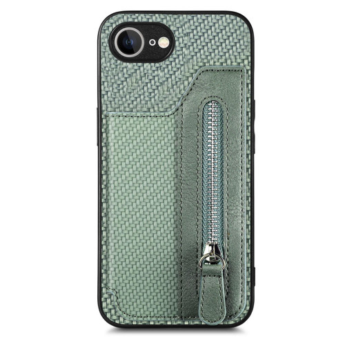 iPhone 17e / 16e Carbon Fiber Horizontal Flip Zipper Wallet Phone Case - Green