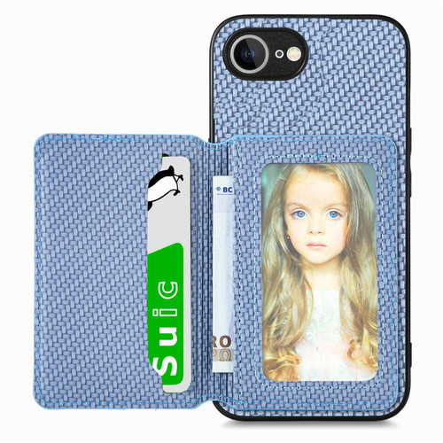 iPhone 17e / 16e Carbon Fiber Magnetic Card Wallet RFID Blocking Phone Case - Blue