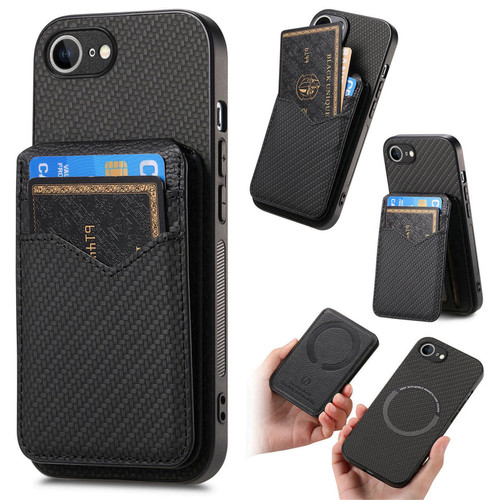 iPhone 17e / 16e Carbon Fiber MagSafe Vertical Flip Card Bag Phone Case - Black