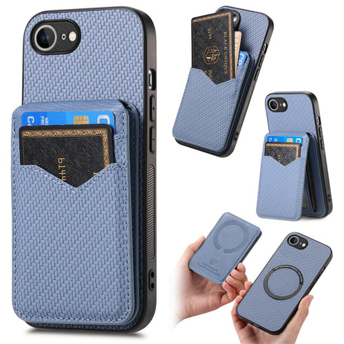 iPhone 17e / 16e Carbon Fiber MagSafe Vertical Flip Card Bag Phone Case - Blue