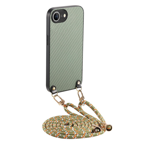 iPhone 17e / 16e Carbon Fiber Texture Leather Back Phone Case with Crossbody Strap - Green