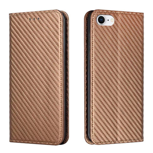 iPhone 17e / 16e Carbon Fiber Texture Magnetic Flip Leather Phone Case - Brown