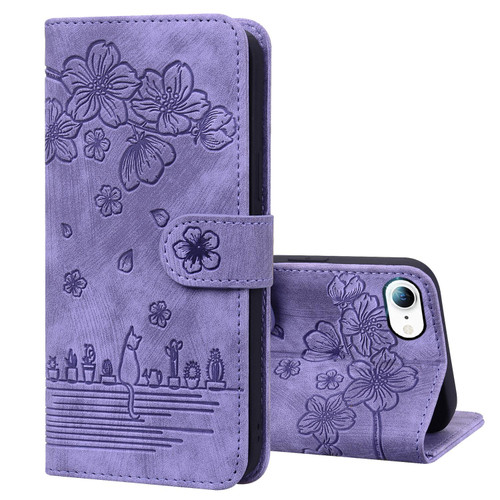iPhone 17e / 16e Cartoon Sakura Cat Embossed Leather Phone Case - Purple